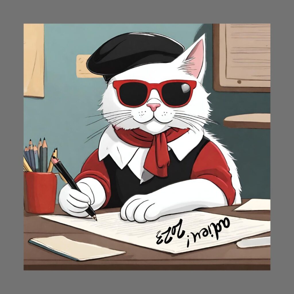 White cat writing a letter