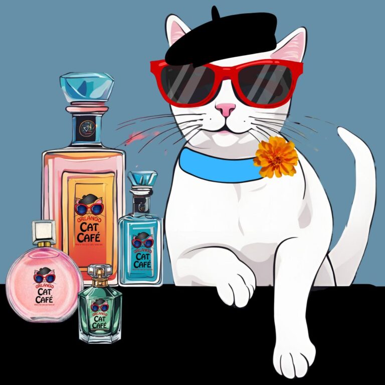 white cat surrounded by bottles of perfume